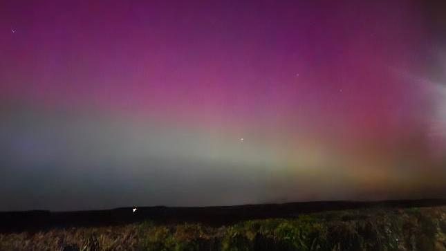 The Northern Lights with a green and purple tinge, overlooking a grassy hill.