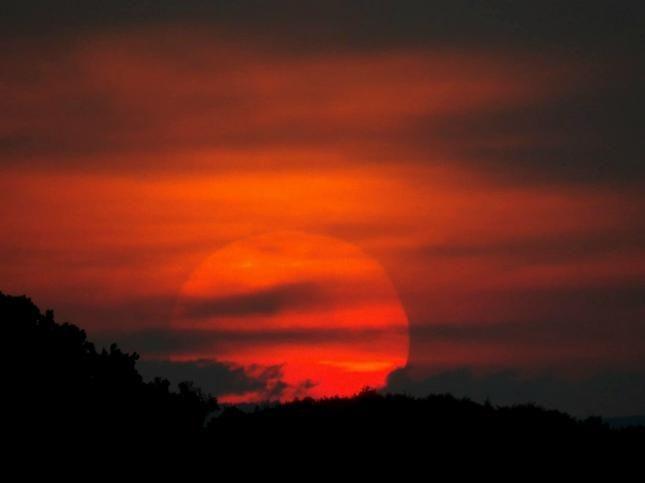 Strawberry Moon close to the horizon glowing red
