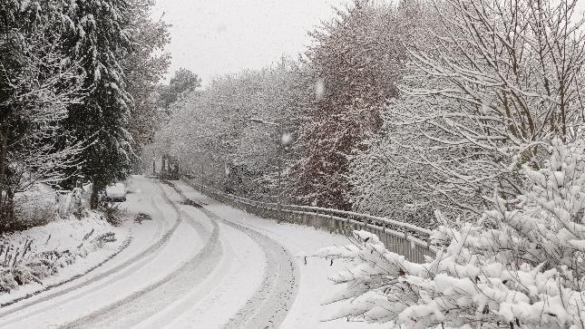 A road with car tracks through heavy snow cover. Snow-covered trees border each side of the narrow road