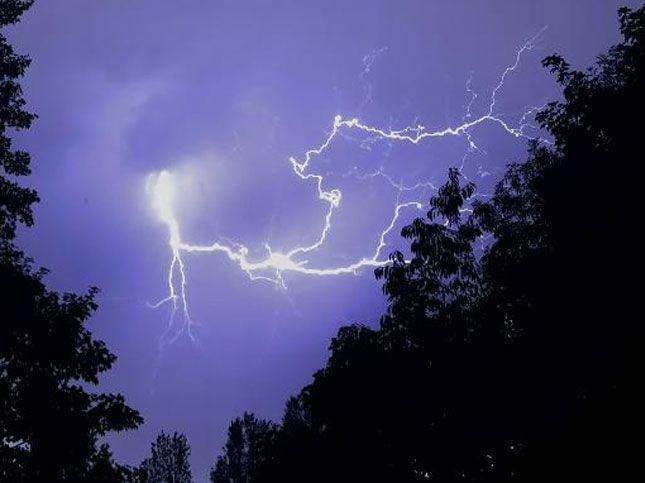 A bolt of Lightning pictured over a line of trees in Hornchurch, Greater London