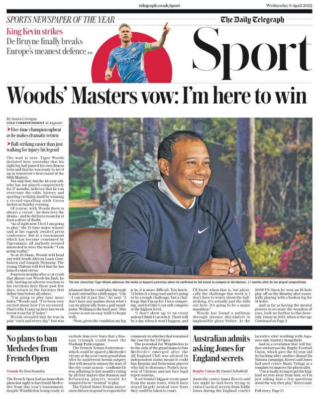 Wednesday's Telegraph back page: King Kevin strikes
