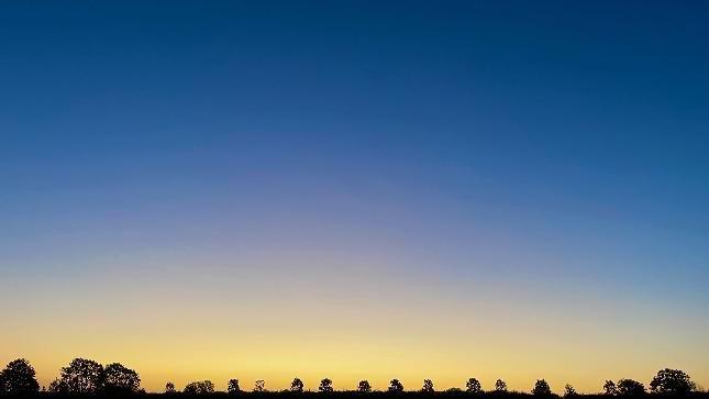 There are tiny silhouettes of trees at the bottom of the image. Behind the sky fades from bright yellow into deep blue at the top of the image.