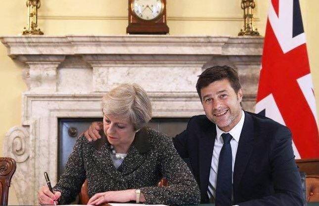 Meme of Tottenham Hotspur manager, Mauricio Pochettino, with Theresa May