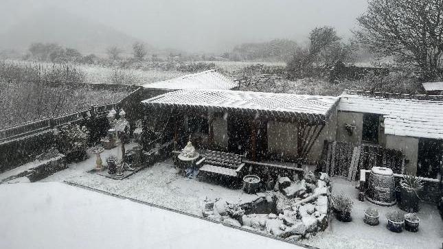 Snow on a roof of what appears to be a shed or small house, the snow isn't very deep but has dusted on the top of the area