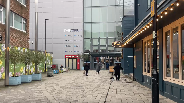 An external view of the Atrium shopping centre in Camberley.