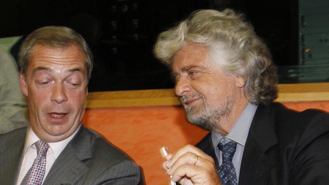 Nigel Farage (left) with Beppe Grillo at the European Parliament in Strasbourg, 1 July