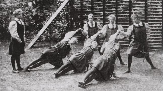 Students at Madame Bergman Osterberg's Physical Training College in Dartford take part in outdoor exercises in the late 1890s