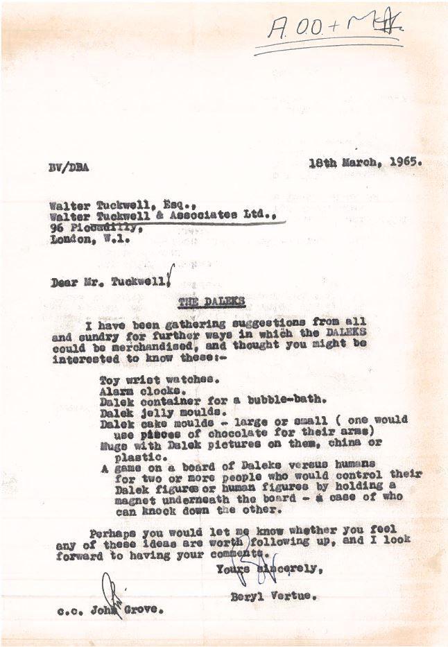 Image of typed letter from Beryl Vertue with suggestions for Dalek merchandise, including Dalek bubble bath, jelly moulds and board games.