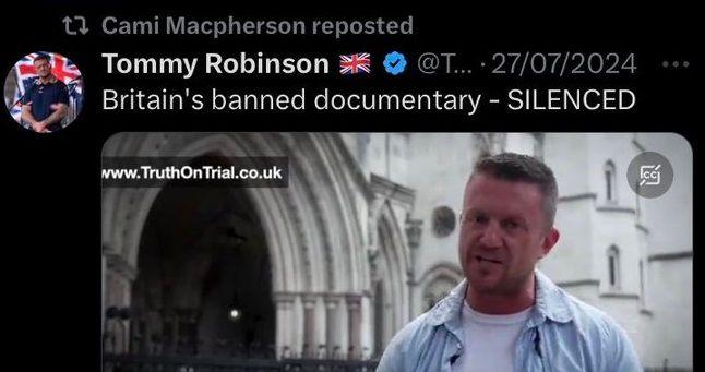 Cammy MacPherson retweet of Tommy Robinson post