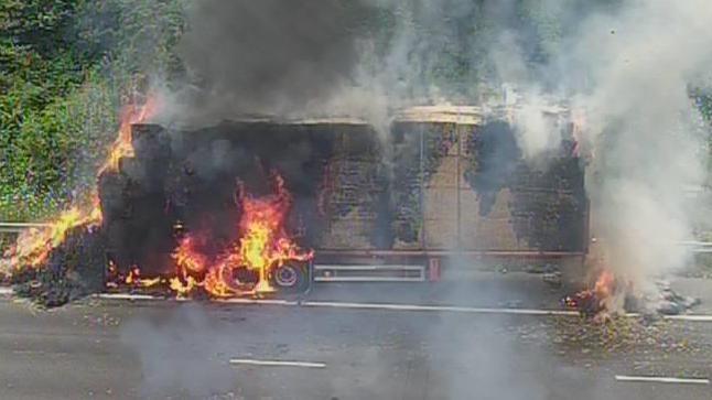 The lorry on fire