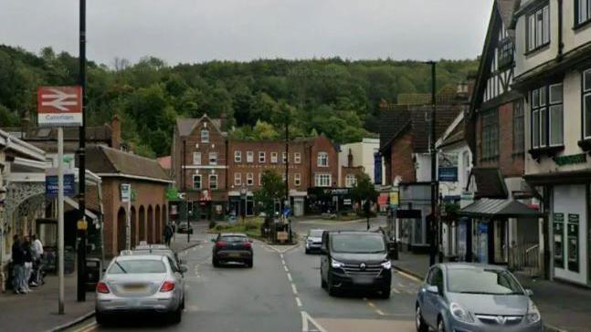 A google screen view of a main road outside Caterham train station.