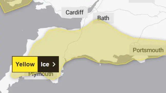 A map of the South West showing the yellow warning for ice as a cloud covering from west of Plymouth to Portsmouth