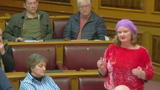 A woman in a red jumper and a purple beret is standing in a council chamber. The seats are burgundy and light wood. There are two men and a woman watching. 