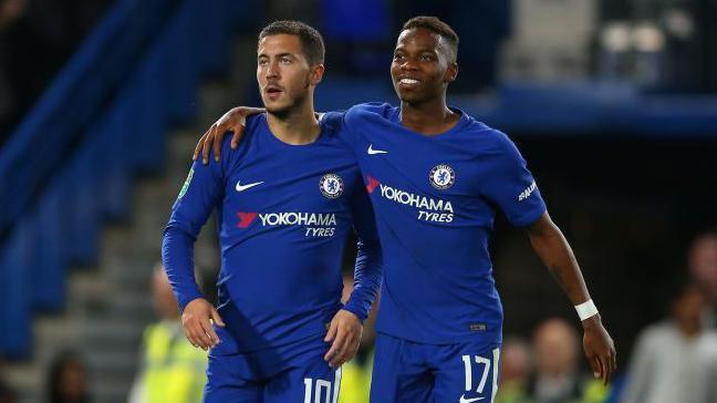 Charly Musonda with his arm around Eden Hazard while playing for Chelsea