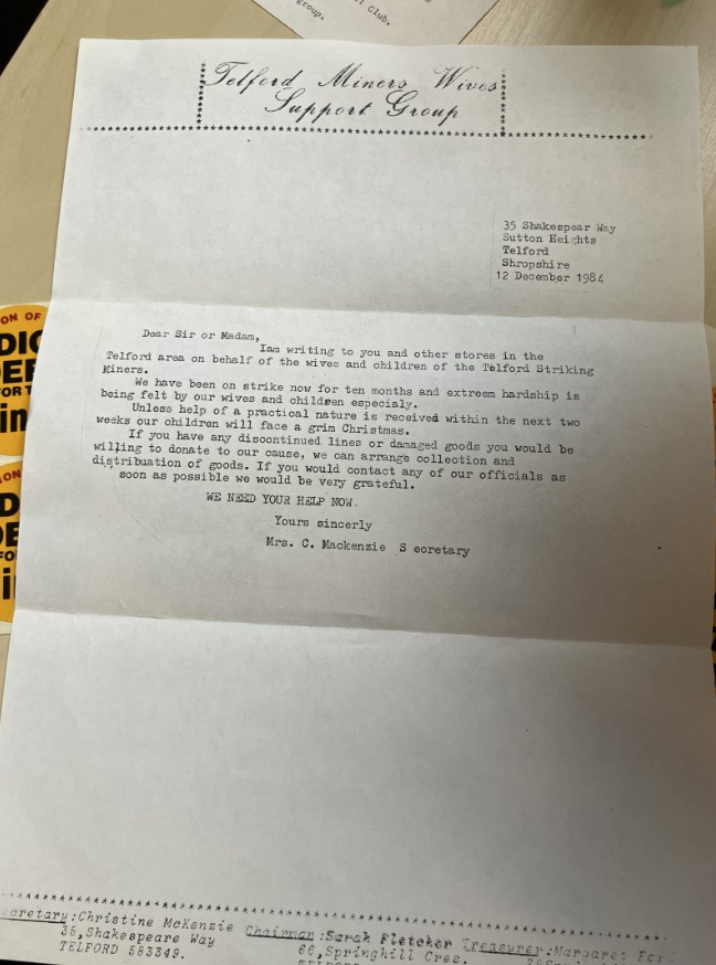 A letter to local shops from the Telford Miners Wives Support Group, in a plea for discontinued lines or damaged goods