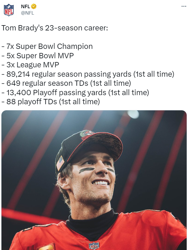 NFL tweet: 'Tom Brady's 23-season career: 7x Super Bowl champion, 5x Super Bowl MVP, 3x League MVP, 89,214 regular season passing yards, 649 regular season touchdowns, 13,400 play-off passing yards, 88 playoff touchdowns'