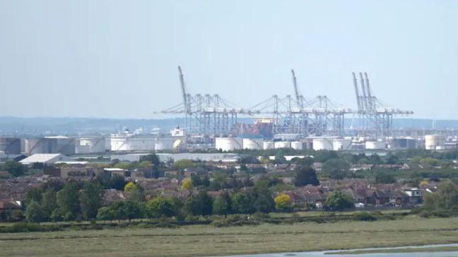 A view of Thames Gateway's cranes - visible behind the tanks of a refinery, with housing, trees and marsh in the foreground. 