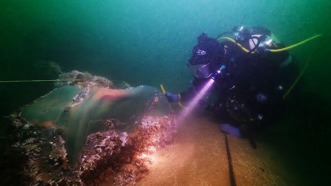 A scuba diver is inspecting a large cauldron embedded into the seabed in the sea. The diver is using a small but powerful light to examine the wreck, and the sea around them is a dark green