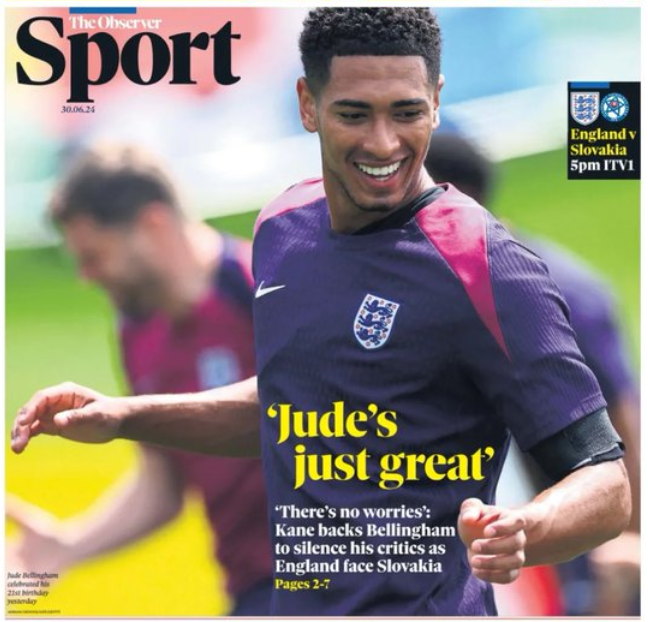 Lead sport page of the Observer on 30 June 2024