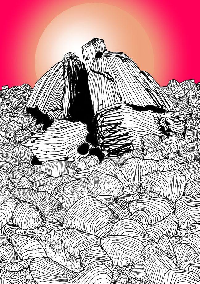 The art work has a mass of lined rocks with White Tor emerging from them with a vivid pink and orange halo around them.