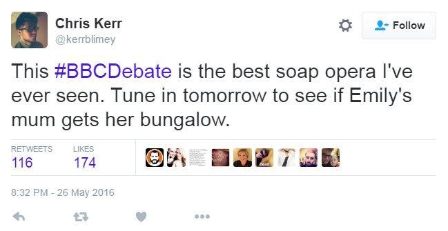 This #BBCDebate is the best soap opera I've ever seen. Tune in tomorrow to see if Emily's mum gets her bungalow.