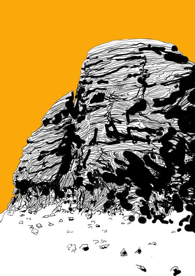 This art work shows the craggy side of Haytor rock with a bright orange background