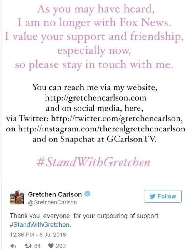 Tweet by Gretchen Carlson