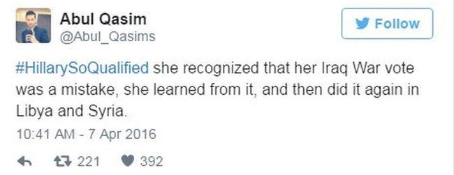 Tweet by Abul Qasim about Hillary Clinton voting for the war in Iraq