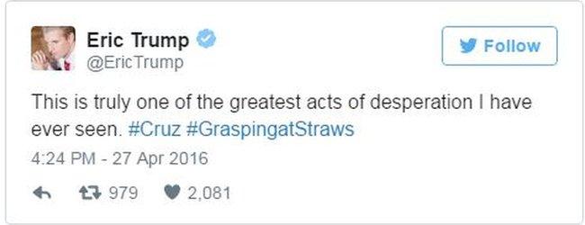 Tweet by Eric Trump calling Cruz desperate