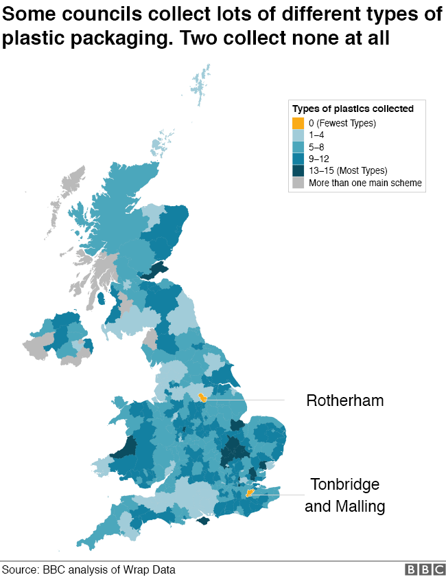 Map showing how different councils collect different types of plastic packaging. Tonbridge and Malling, and Rotherham collect none at all.