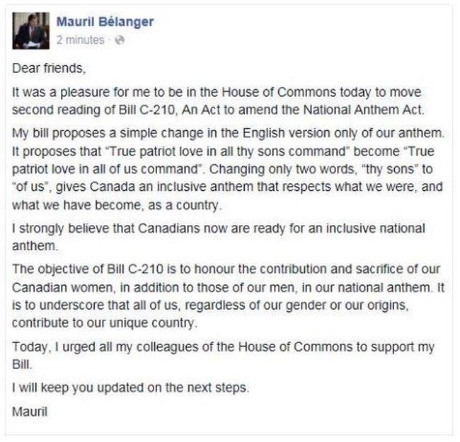 Facebook post defending C-210 by Mauril Belanger