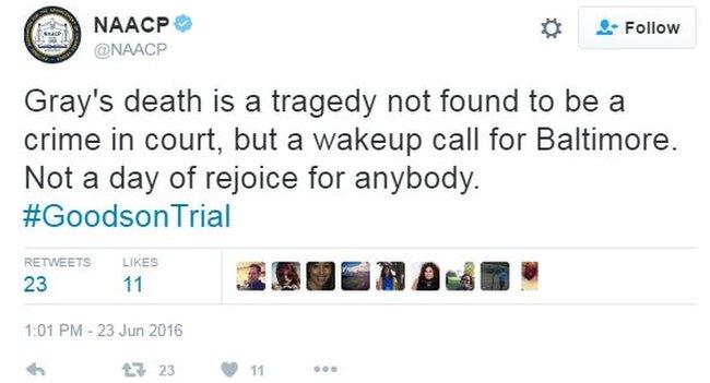 NAACP tweets a response to Officer Caesar Goodson's not guilty verdict in connection to the death of black detainee Freddie Gray.