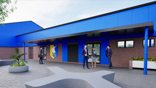 A CGI view of outside the new changing rooms, gym and sports hall