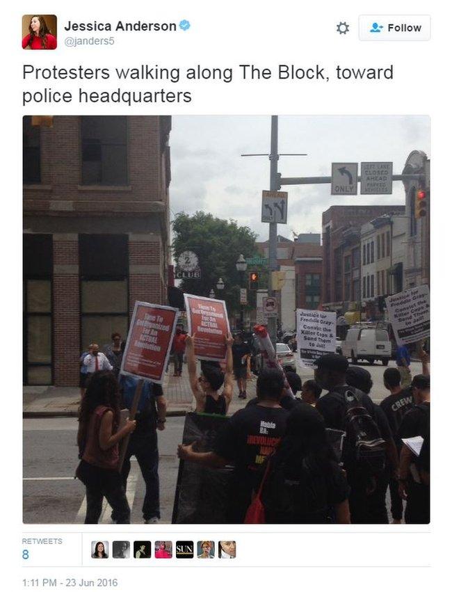 Protesters began marching toward police headquarters in Baltimore after Officer Caesar Goodson was acquitted on all charges in connection to the death of Freddie Gray.