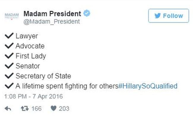 MadamPresident tweet: Lawyer, advocate, first lady, Senator, Secretary of State, a lifetime spent fighting for others