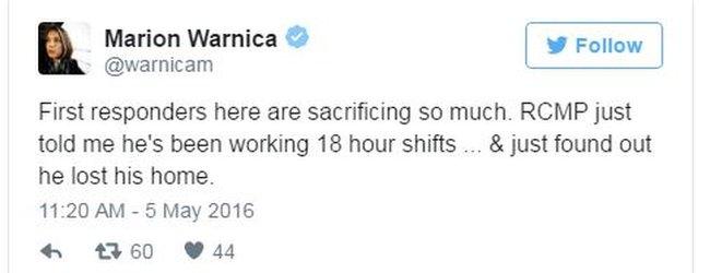 Tweet about first responders working 18 hour shifts and losing their homes