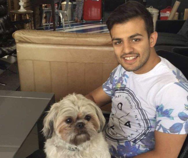 Hubble employee sits with Darwin the Shih Tzu on his lap