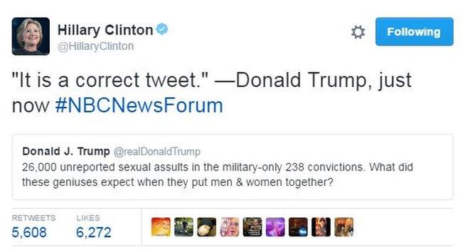 Hillary Clinton tweets: "It is a correct tweet." - Donald Trump, just now. #NBCNewsForum