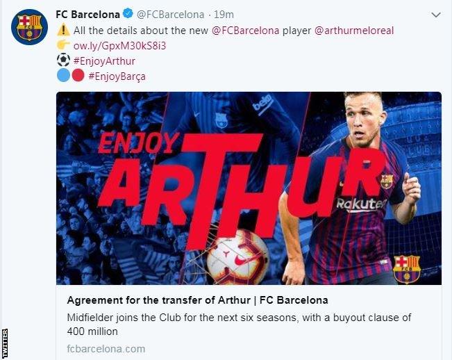 Barcelona confirm Arthur deal on Twitter