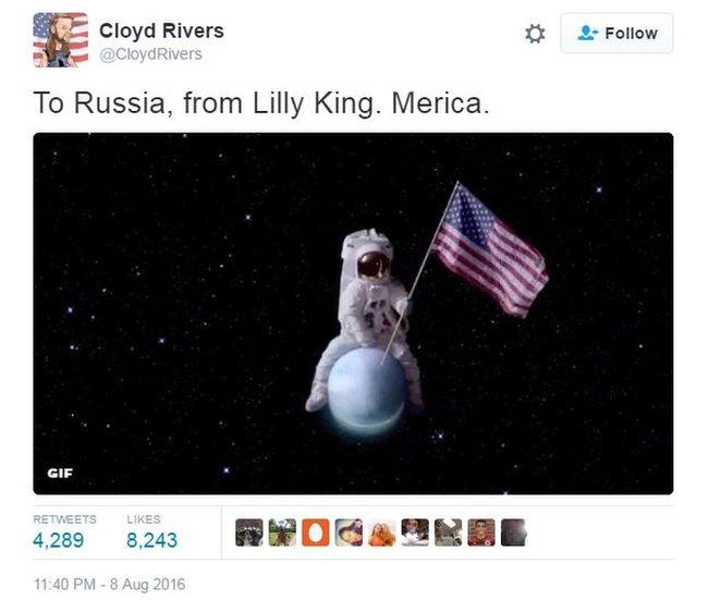User Cloyd Rivers tweets: "To Russia, from Lilly King. Merica."