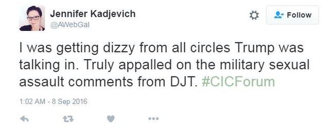 Twitter user Jennifer Kadjevich writes: "I was getting dizzy from all circles Trump was talking in. Truly appalled on the military sexual assault comment from DJT."