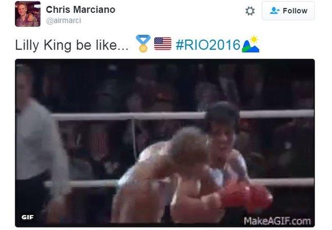 Twitter user Chris Marciano posts: "Lilly King be like..." alongside a gif of Rocky IV, when Sylvester Stallone's character knocks out his Russian rival, Drago.