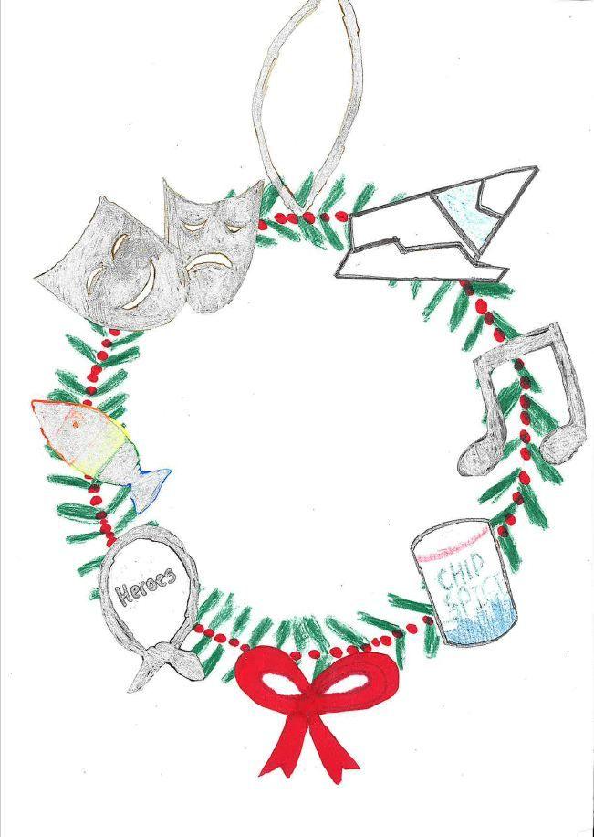 A wreath design, with a red bow, with insignias such as theatre masks and music notes to represent different parts of the city.