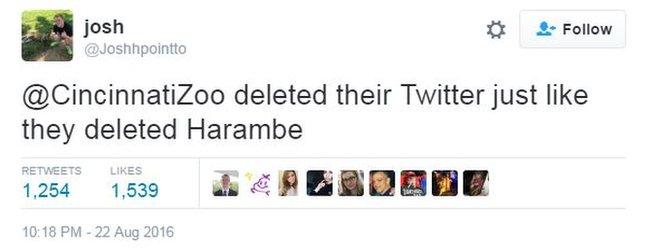 Twitter user @Joshhpointto writes: "@CincinnatiZoo deleted their Twitter just like they deleted Harambe."