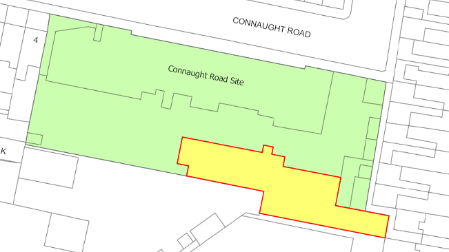 A map of the Connaught Road site showing the annex shaded in yellow