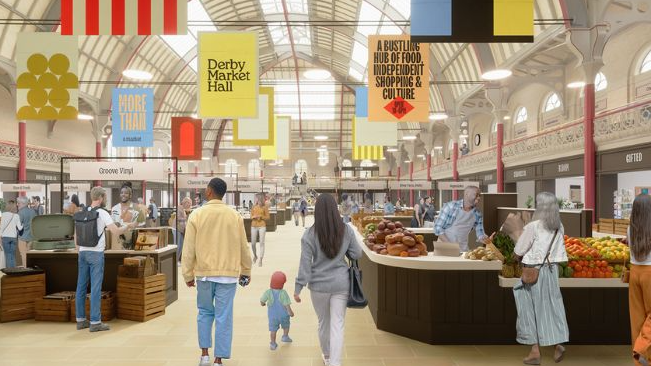 An artist's impression showing a family of shoppers walking between fresh produce market stalls inside a building with a high glass-roofed building illuminated by sunshine 