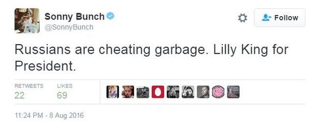 Twitter user Sonny Bunch tweets: "Russians are cheating garbage. Lilly King for President."