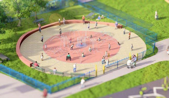 CGI illustration of children and adults using a circular water play area with various fountains ejecting water