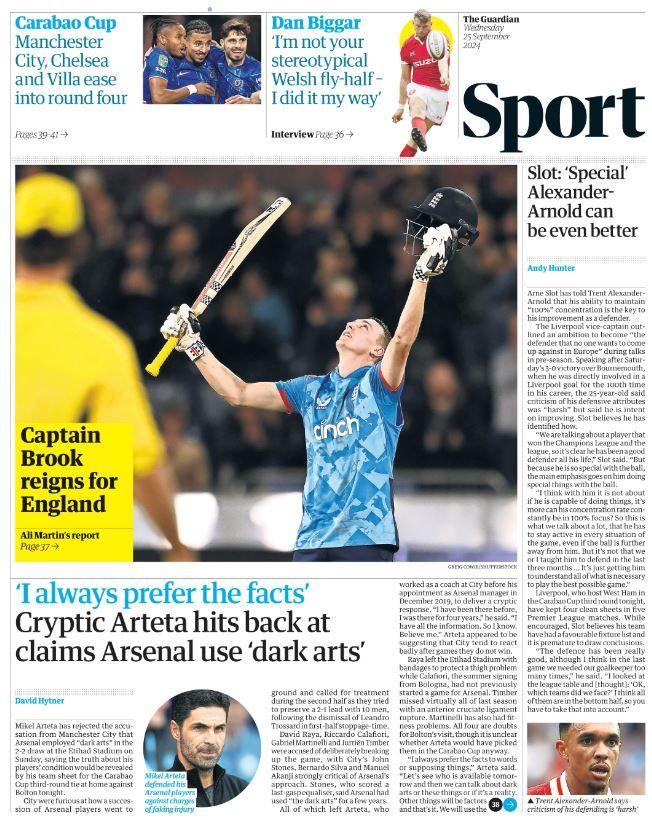 Guardian back page: 'Cryptic Arteta hits back at claims Arsenal use dark arts'