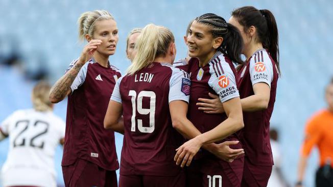 Aston Villa attacker Adriana Leon is congratulated by her team-mates